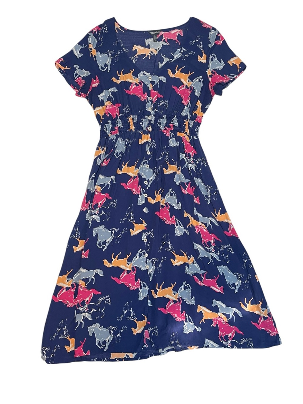 Modcloth Neon Stampede Navy Blue Novelty Horse Print Button Down Shirt Dress XL - Picture 9 of 12